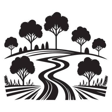 Ağaçlar ve Alanlar Tasarımı ile Sahne Kırsal Yol Silueti