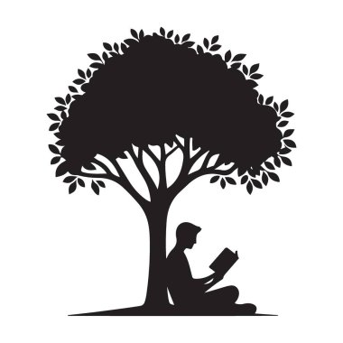 Ağacın altında kitap okuyan bir adamın silüeti.