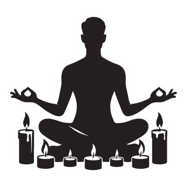 Meditasyon Silueti ve Mum Işığı Huzur Vektörü Sanatı ile İç Huzuru Bulun