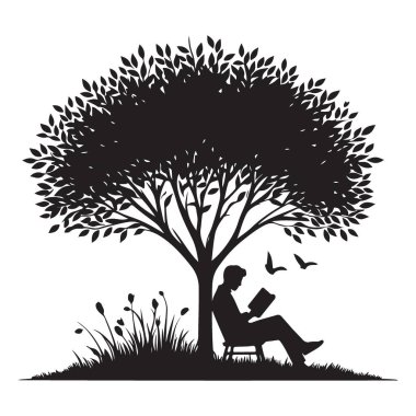 Ağacın Altında Kitap Okuyan Adam Siluet Vektör İllüstrasyonu
