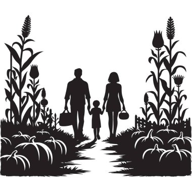 Aile Silueti Yürüyen Balkabağı Yaması Sonbahar Hasat Vektör Çizimi