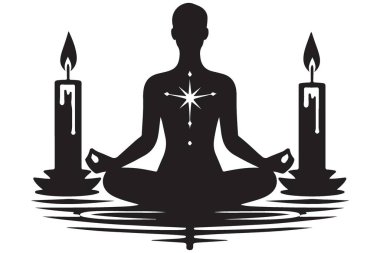 Rahatlamak için mum ışığında meditasyon yapan siluet vektör sanatı