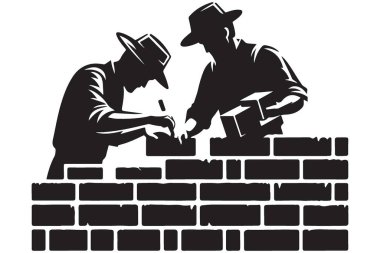 İnşaat işçileri tuğla duvar siluet vektör sanatı inşa ediyorlar