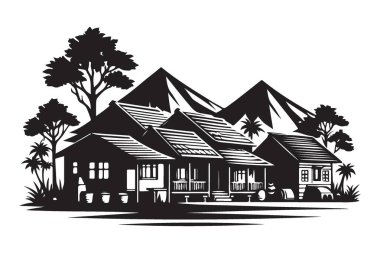 Dağ Manzaralı Geleneksel Ev Resimleri Basit Köy Sahne Sanatı