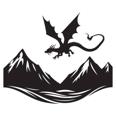 Ejderha silueti Dağ Gölü üzerinde uçuyor Fantezi Sanatı Vektörü İllüstrasyonu