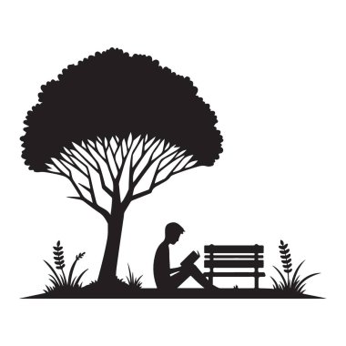 Doğa siluetinde dinleniyor Ağacın Altında Bir Kitabın Tadını çıkarıyor
