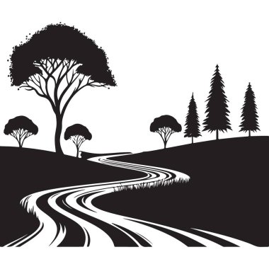 Ağaçlar Çizimi ile Manzaralı Görüntü Silueti Viraj Yolu