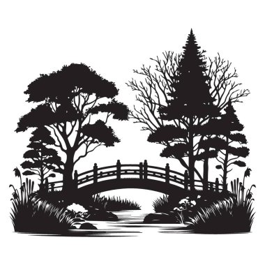 Huzurlu Japon Bahçesi Köprüsü Siluet Çizimi Manzarası