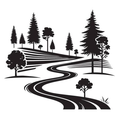 Ağaçlar ve kırsal vektör ile manzaralı dolambaçlı yol çizimi
