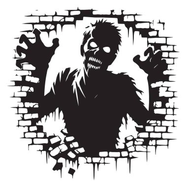 Tuğla Duvar Siluet Vektör Çizim Sanatı 'ndan Ürkütücü Zombi Kırıyor