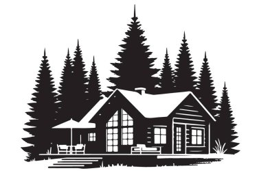 Pine Forest Vektör Sanat Çiziminin Ortasında Konforlu Kulübe Silueti