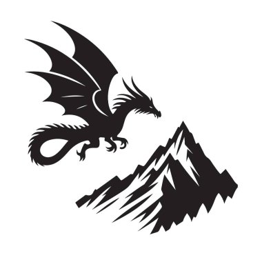 Görkemli Ejderha Dağ Üzerinde Uçuyor Siluet Vektör Çizim Sanatı
