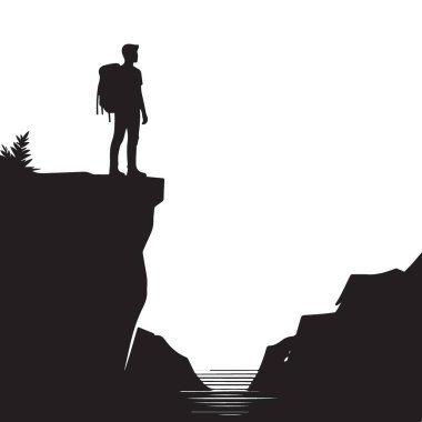 Cliff Edge Dağı Manzara Vektöründe Yürüyüşçü Silueti
