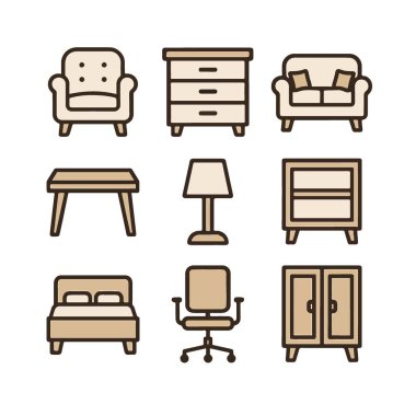 İç Tasarım Projeleri için Çok Yönlü Mobilya Simgeleri Vektörü Ayarları