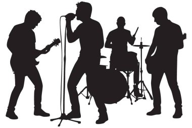 Rock Band 'in Siluet Vektör İllüstrasyonu Canlı Konser Veriyor