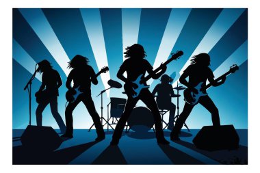 Büyüleyici Rock Band Siluet Grafiği Parlak Mavi Arka Işıklı