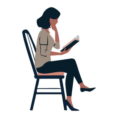 İçerideki sandalyede oturmuş kitap okuyan bir kadın illüstrasyonu