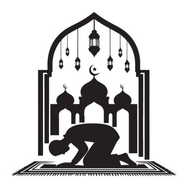 Müslüman adamın silueti cami vektör illüstrasyonunda dua ediyor.