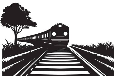Siluet tren demiryolu vektör tasarımı çizimi üzerinde hareket ediyor