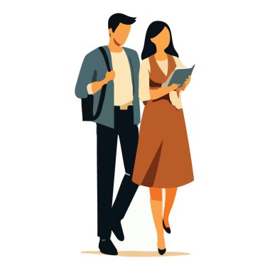 Birlikte yürüyen şık genç çift kitap vektörü sanatı okuyor.