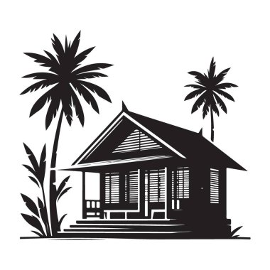 Palm Trees Silueti ile Geleneksel Malay Ev Resimleri