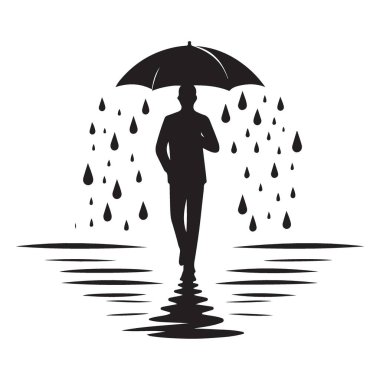 Siluet Adam Şemsiye Vektör İllüstrasyonuyla Yağmurda Yürüyor