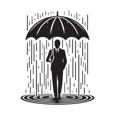 Siluet Adam Şemsiye İllüstrasyonu Tarafından Şiddetli Yağmurdan Korundu
