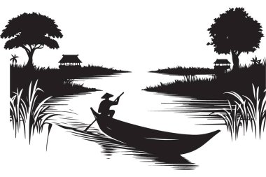 Siluet Serene Asya Nehri Sahnesi Geleneksel Tekne Sanatıyla İllüstrasyon