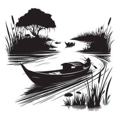 Geleneksel Siyah ve Beyaz Sanatlarla Siluet Serene Nehri Sahnesi