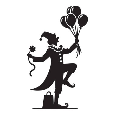Balonlu Neşeli Soytarı Silueti ve Çiçek Vektör Sanatı