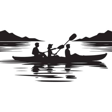 Siluet Kano Kara Vektör 'de Üç Kişilik Takım Çalışması