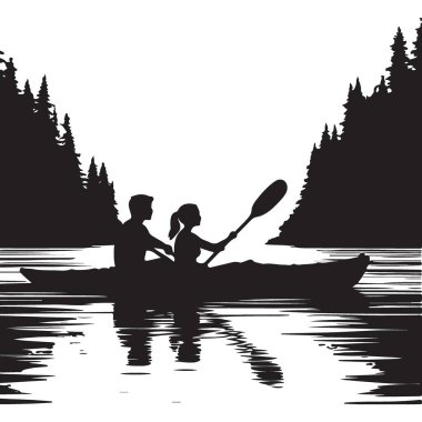 Orman Vektörü Resminde Siluet Çifti Kano Macerası