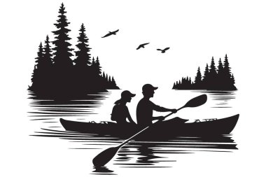 Orman silueti tasarımlı bir çift göl manzaralı kayak yapıyor.