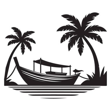 Plajda Palmiye Ağaçları Vektörlü Tropik Tekne Silueti