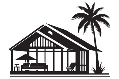 Plaj Kulübesi Siluet Vektör İllüstrasyonu Palmiye Ağacı