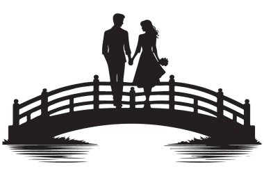Köprüdeki Çift Silueti Romantik An Vektörü İllüstrasyonu