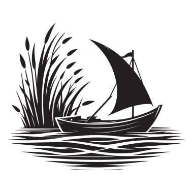 Denizci Silueti Vektör Resimli Güzel Tekne Suda