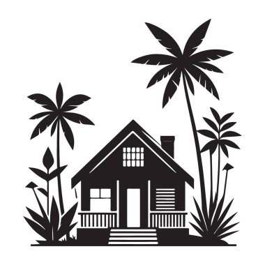 Palmiye Ağaçları Vektör İllüstrasyonlu Ada Evi Görüntü Grafiği