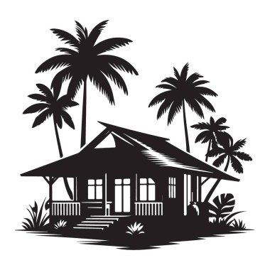 Tropikal Ev Silueti Tatil İçin Palmiye Ağacı Resimleri