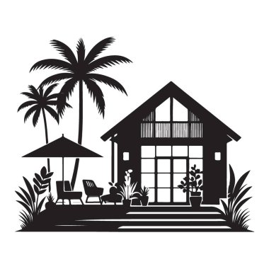 Tropik Plaj Evi Silueti Palmiye Ağaçları ve Mobilyaları
