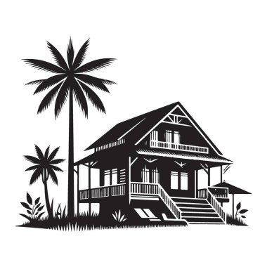 Tropikal Ev Silueti Vektör Resimleri Palmiye Ağaçları Tasarımı