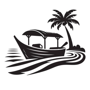 Sudaki Tropikal Tekne Palmiye Ağaçlı Siluet Vektörü