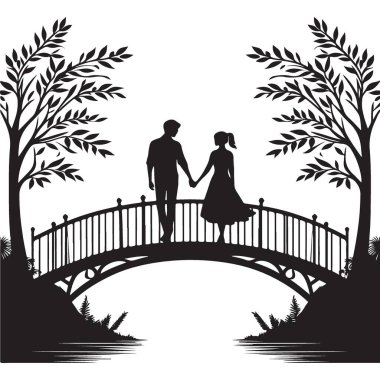 Romantik Çift Silueti Ağaçların Altında Köprüde Yürüyor