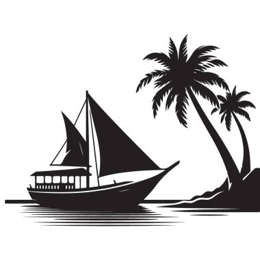 Sahilde Palmiye Ağaçlı Tropikal Yelkenli Vektör Silueti