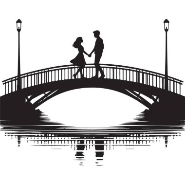 Bridge Romance Vector Illustration Design 'daki Siluet Çifti