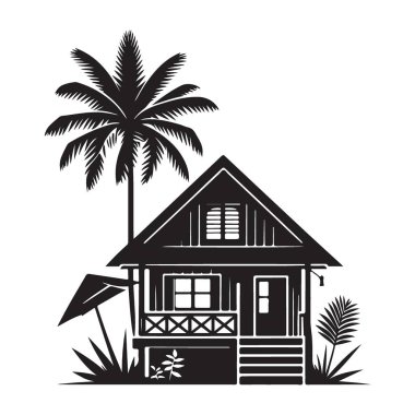 Palmiye ağacı manzaralı Tropikal Kulübe Vektör Resimleri