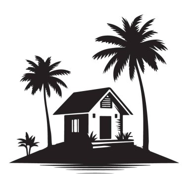 Palm Trees ve Beach Hut Vektör Sanatı ile Ada Kaçış Silueti