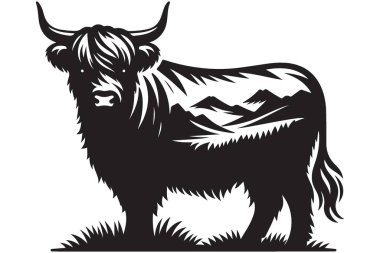 Dağ Sahnesi ile Görkemli Highland İnek Silueti Vektör Sanatı