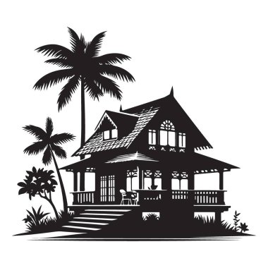 Palm Trees Manzaralı Tropikal Plaj Evi Vektör İllüstrasyonu