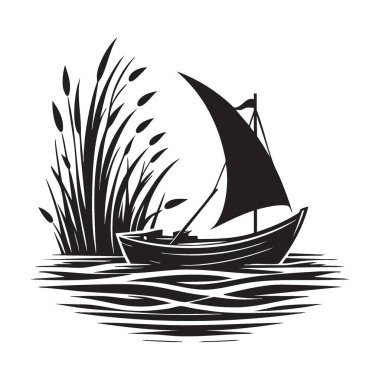 Siluet tekne nehir vektör illüstrasyon arka planı üzerinde yelken